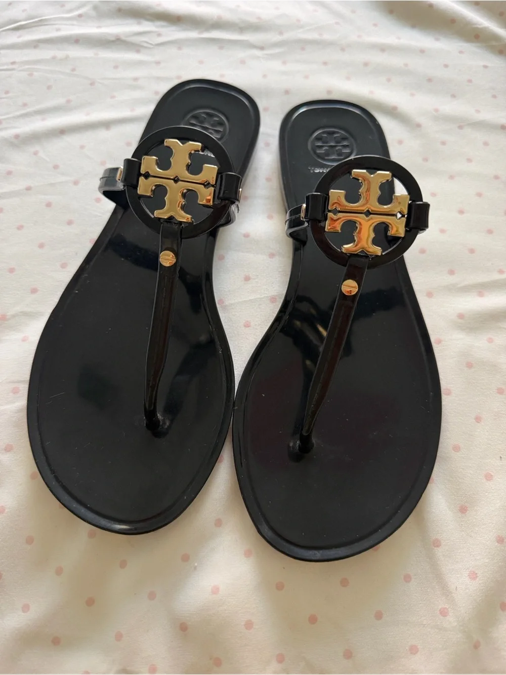 Tory Burch Black Jelly Logo Thong Sandals with Gold Emblem